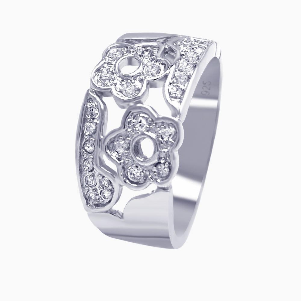 925 Silver Rhodium Plated Pave Clear CZ Flower Ring