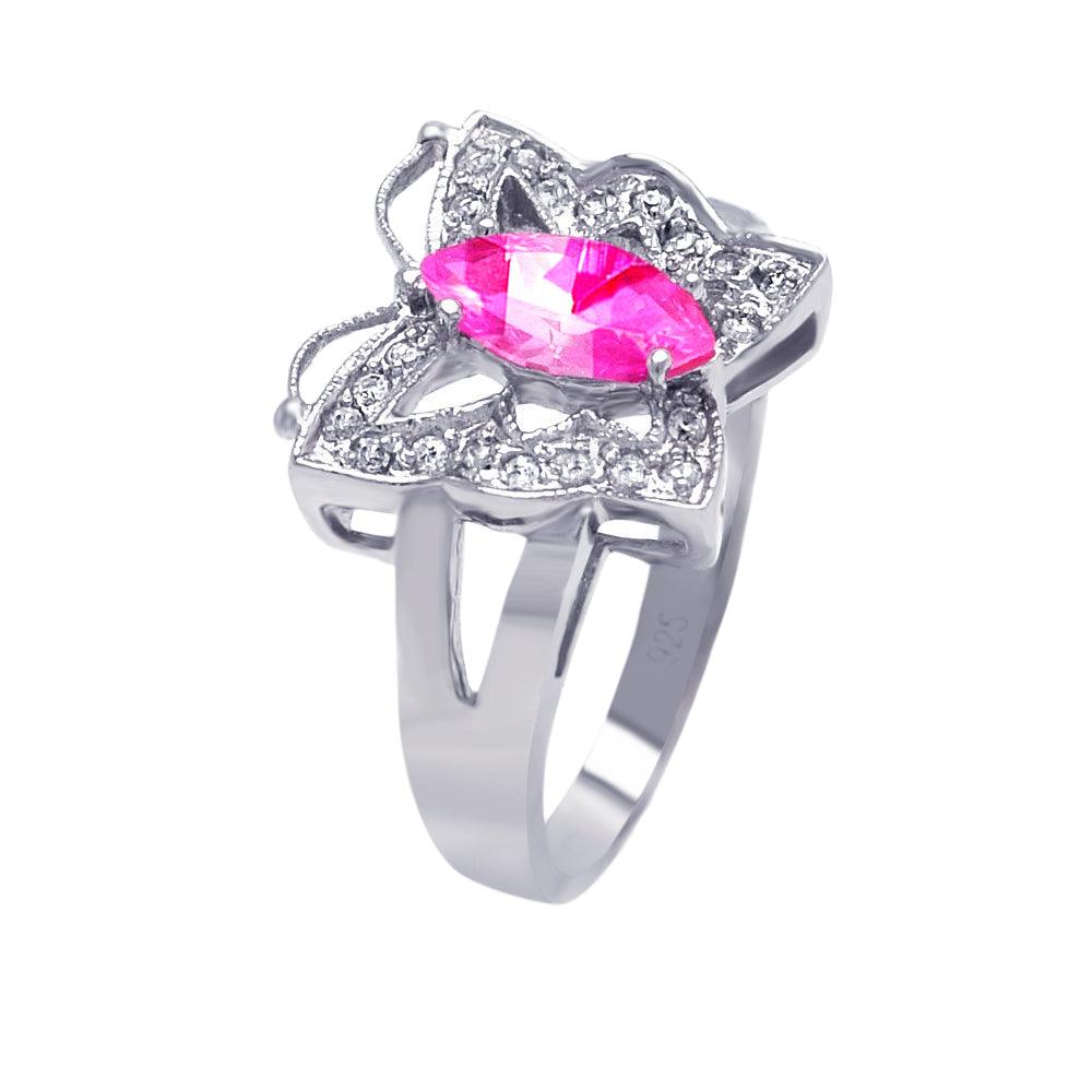 925 Silver Rhodium Plated Pink Marquise Center Clear CZ Butterfly Ring