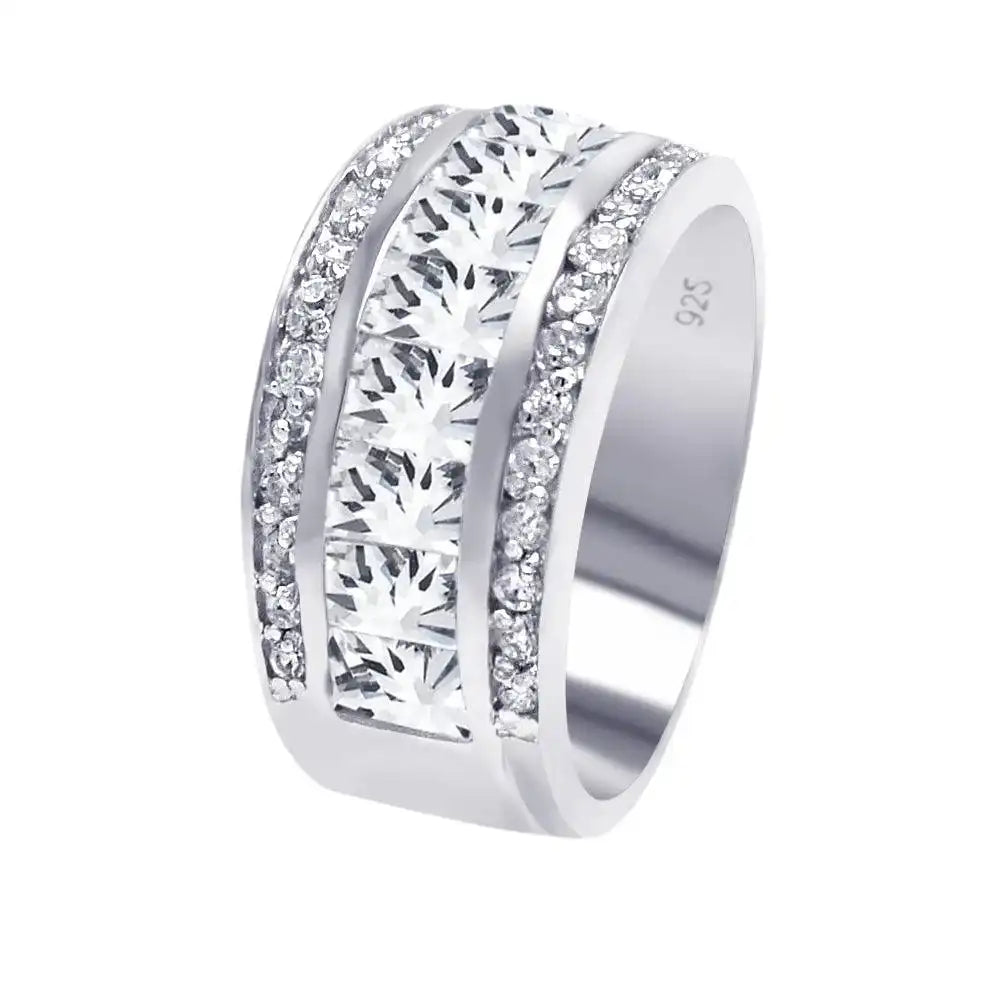 925 Sterling Silver Rhodium Plated Half Channel Clear Baguette Round CZ Ring