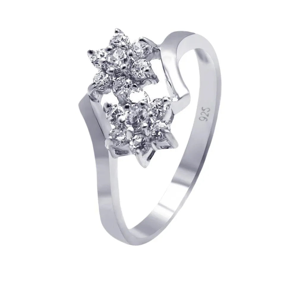 925 Sterling Silver Rhodium Plated CZ Double Flower Ring