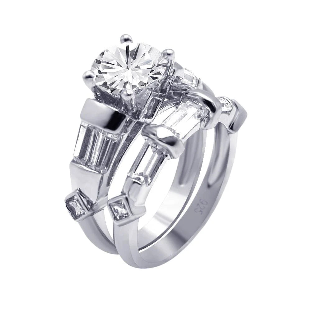 925 Silver Rhodium Plated Marquise Diamond-Shaped Round CZ Engagement Ring Set