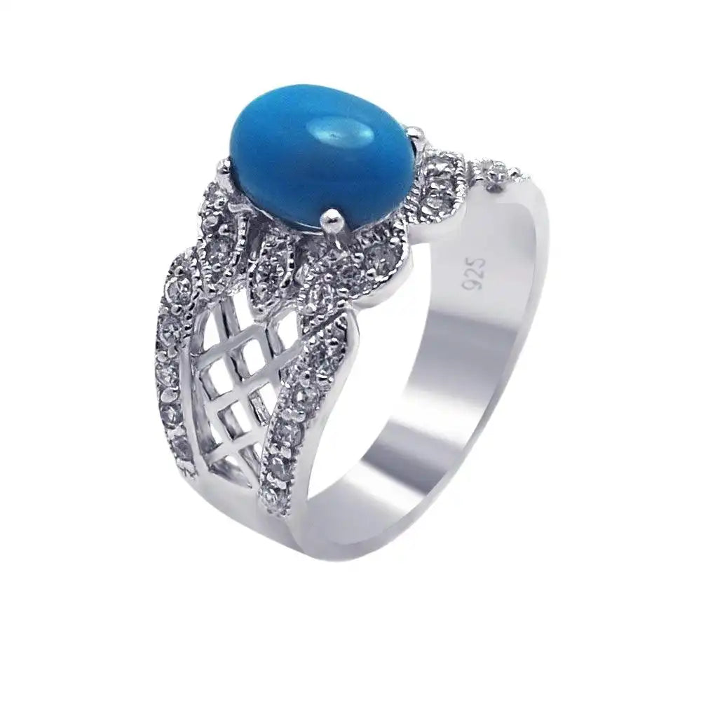 925 Sterling Silver Rhodium Plated Turquoise Center Clear Pave Set CZ Filigree Ring
