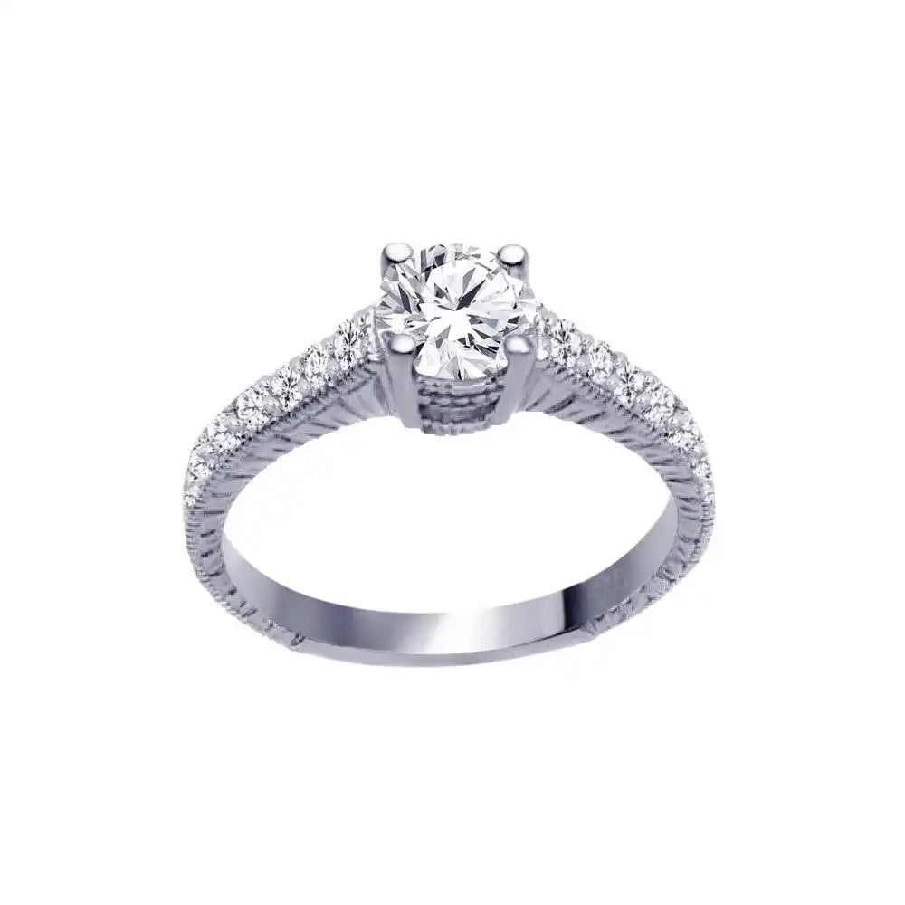 925 Sterling Silver Rhodium Plated Pave Round Center CZ Ring