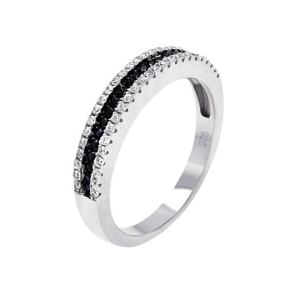 925 Sterling Silver Rhodium  and Black Rhodium Plated Half Micro Pave Black and Clear CZ Ring