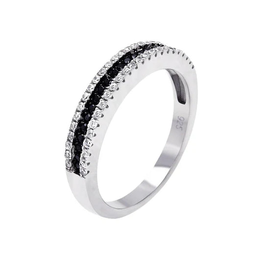 925 Sterling Silver Rhodium  and Black Rhodium Plated Half Micro Pave Black and Clear CZ Ring