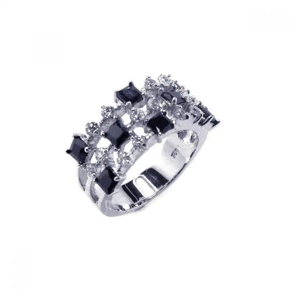 925 Sterling Silver Clearance Rhodium Plated Black and Clear CZ Ring