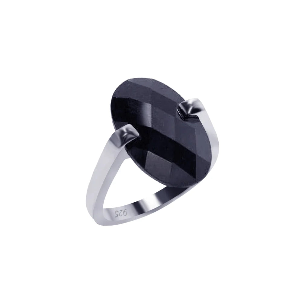 925 Silver Clearance-Rhodium Plated Black Oval CZ Ring