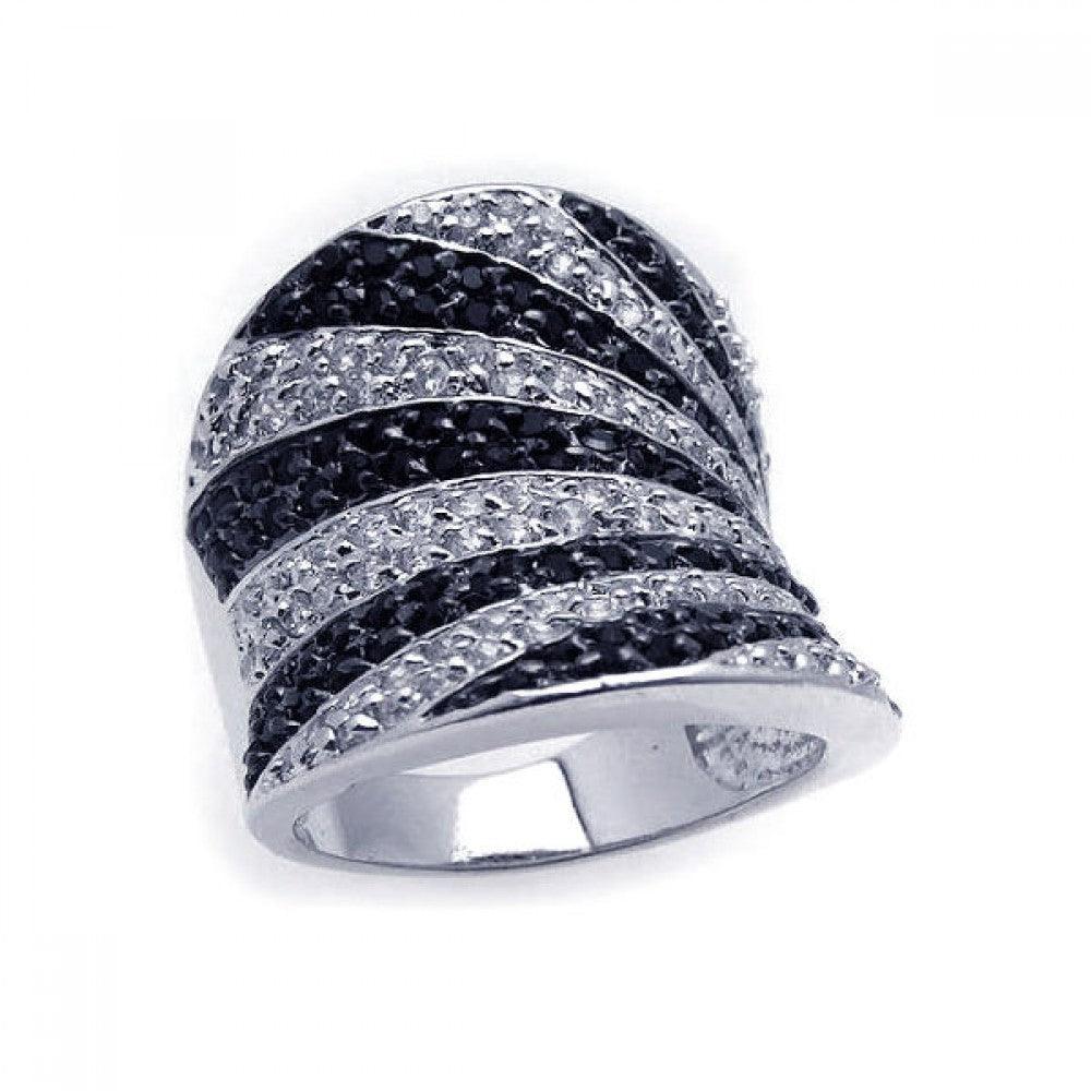925 Silver Clearance-Rhodium and Black Rhodium Plated Clear and Black CZ Wide Stripes Ring