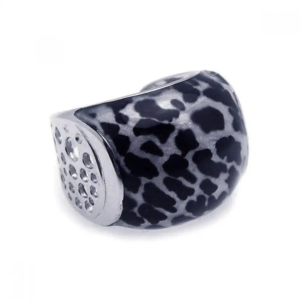 925 Sterling Silver Clearance Rhodium Plated Black and White Leopard Print Spot Ring