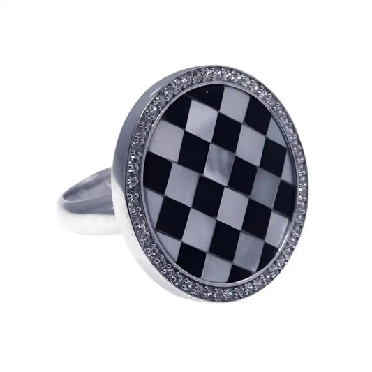 925 Sterling Silver Clearance Rhodium Plated Clear CZ Black and White Round Checker Ring