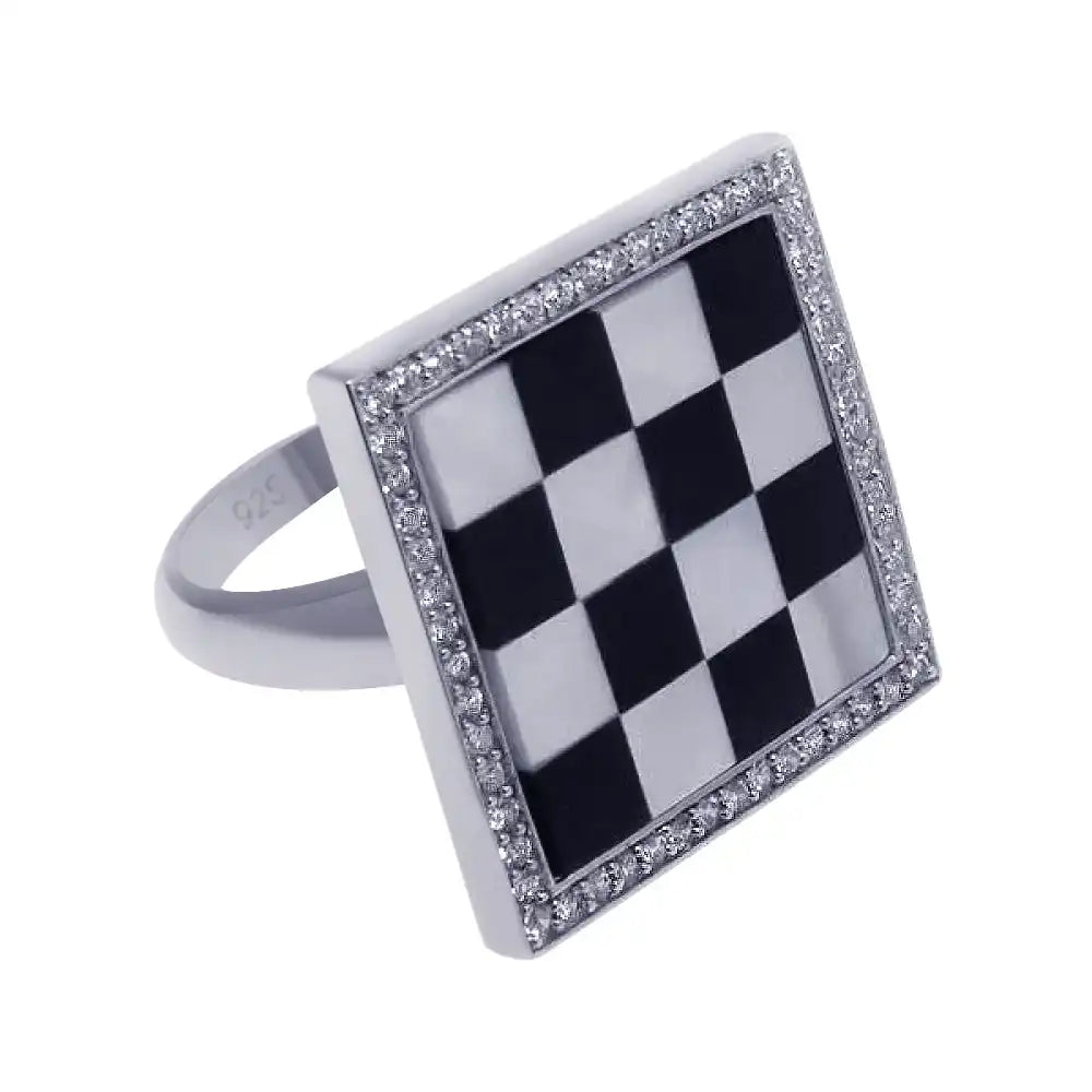 925 Sterling Silver Clearance Rhodium Plated Clear CZ Black and White Square Checker Ring