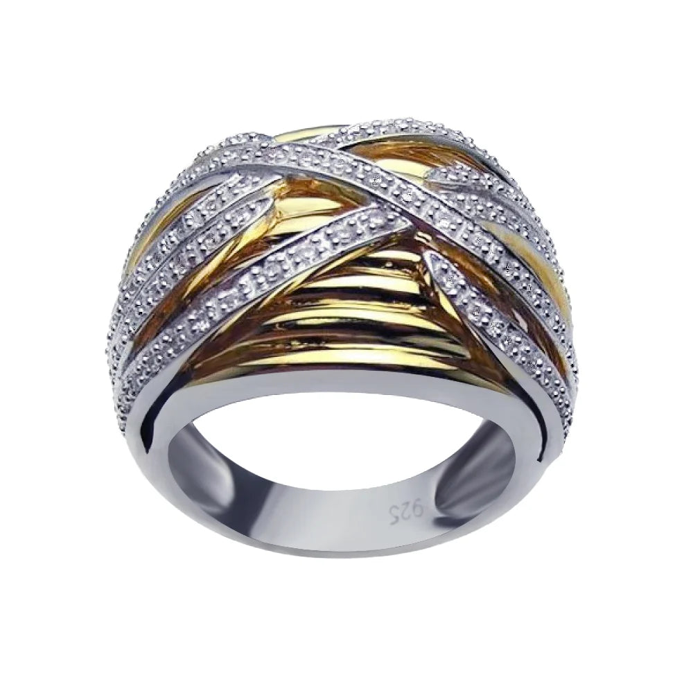 925 Silver Clearance-Rhodium and Gold Plated Clear CZ Overlapping Ring