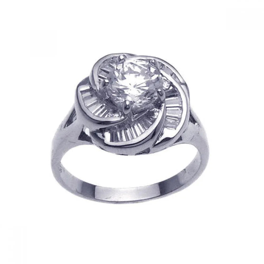925 Sterling Silver Rhodium Plated Clear Center CZ Spiral Flower Bridal Ring