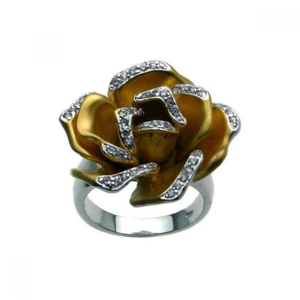 925 Silver Clearance-Rhodium and Gold Plated 2 Toned Clear CZ Flower Ring