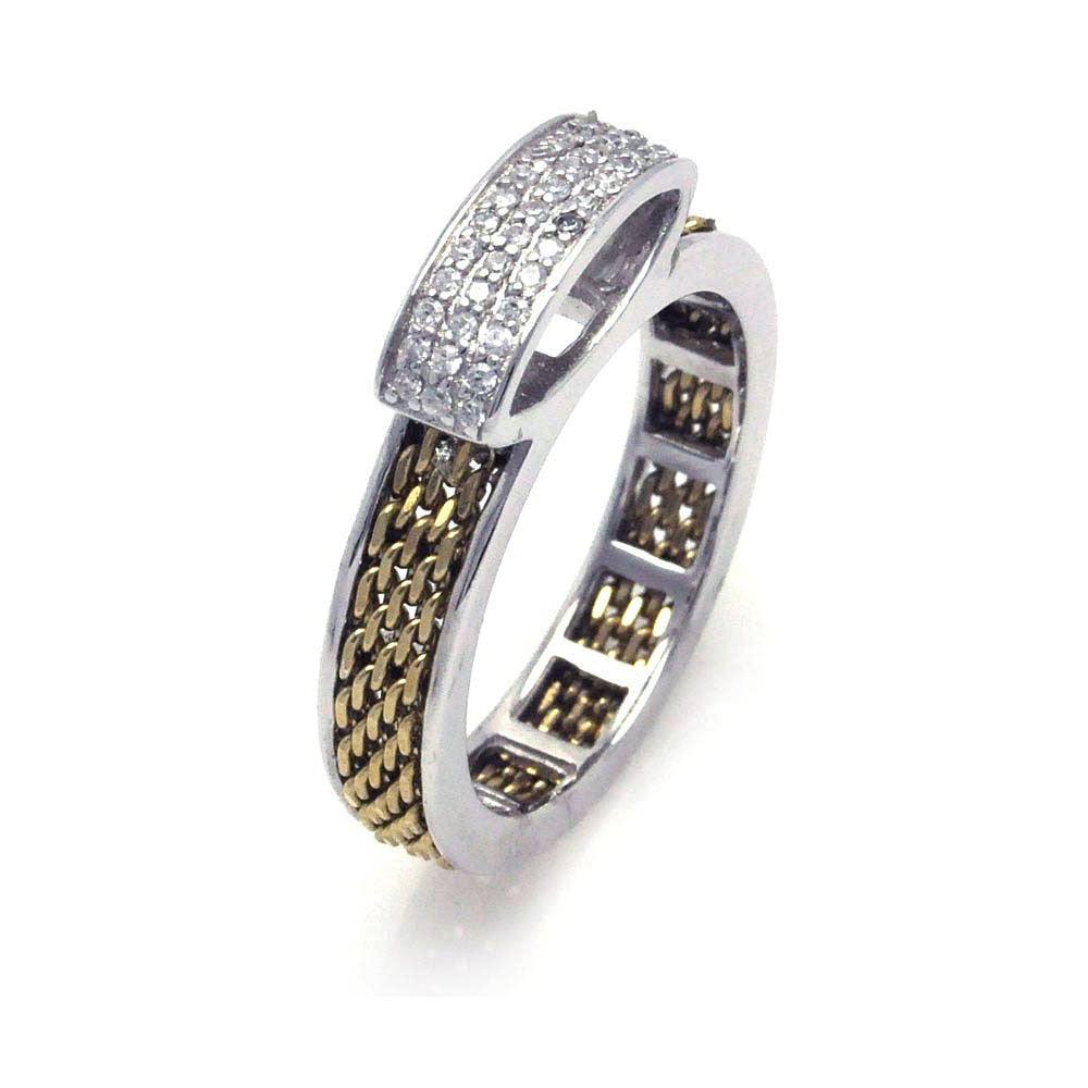 925 Silver Clearance-Rhodium and Gold Plated 2 Toned Pave Set Clear CZ Chain Ring