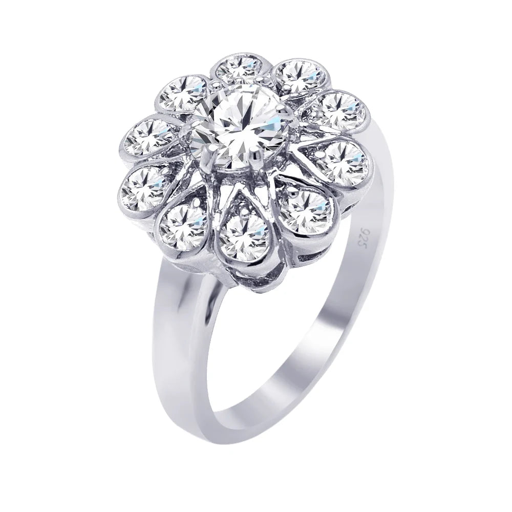 925 Silver Rhodium Plated Round Center CZ Flower Ring