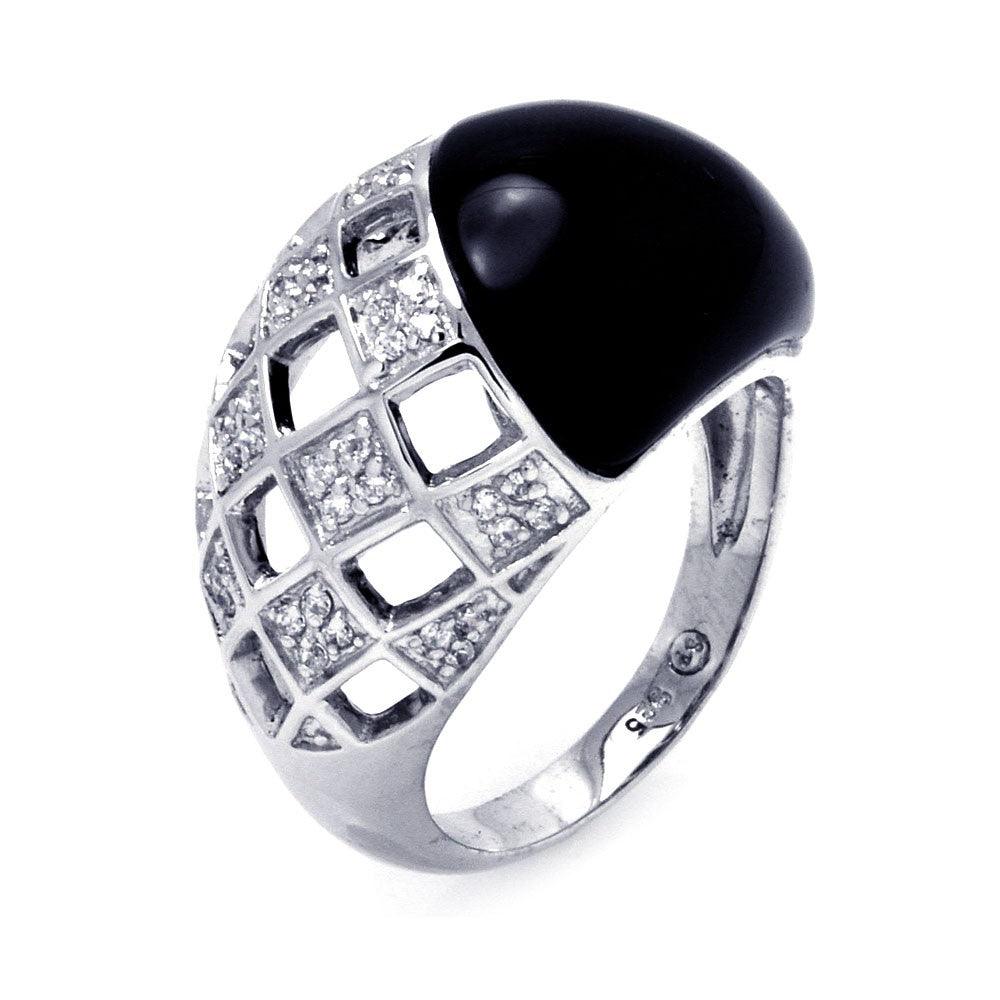 925 Silver Clearance-Rhodium Plated Black Onyx Clear CZ Net Ring