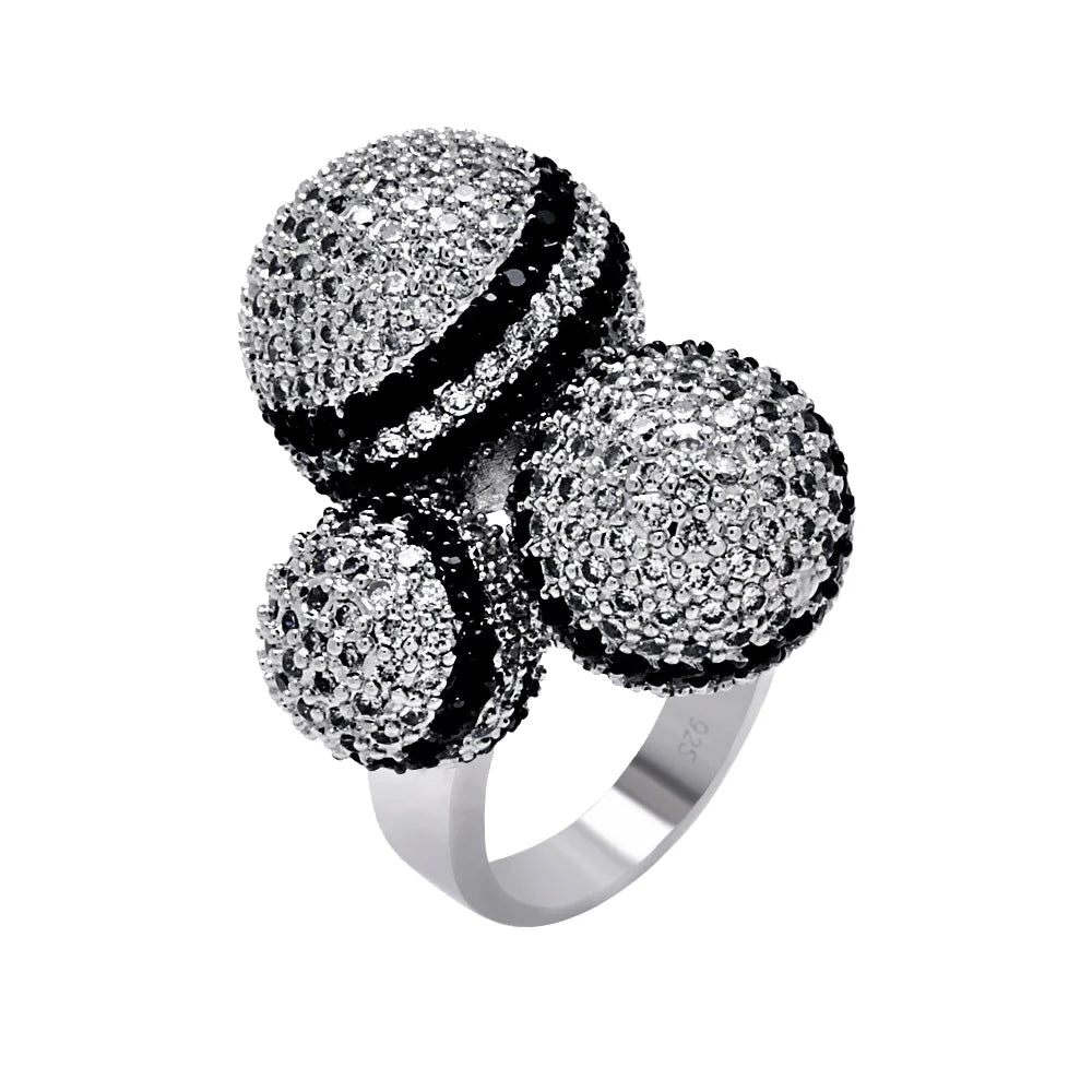 925 Silver Clearance-Rhodium and Black Rhodium Plated Black and Clear Pave Set CZ Multiple Ball Ring