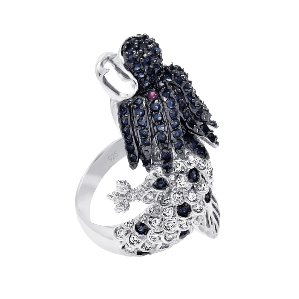 925 Silver Clearance - Rhodium and Black Rhodium Plated 2 Toned Multi Colored CZ Dragon Ring