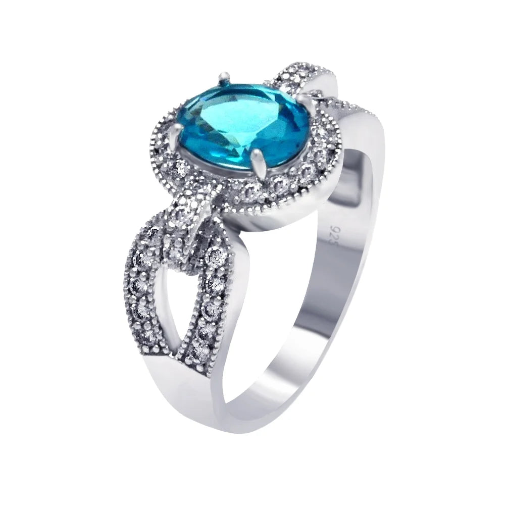 925 Silver Rhodium Plated Aqua Center and Clear CZ Ring