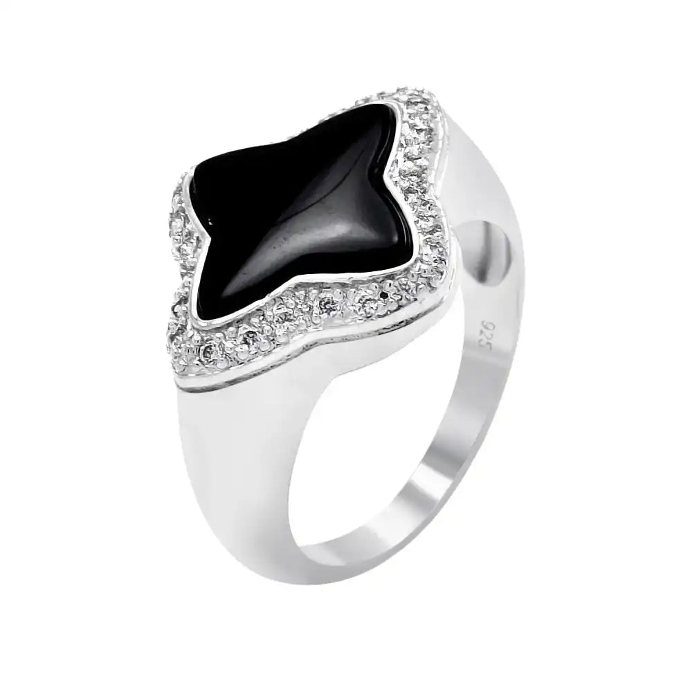 925 Sterling Silver Clearance Rhodium Plated Black Onyx Center Clear Cluster Border CZ Flower Ring