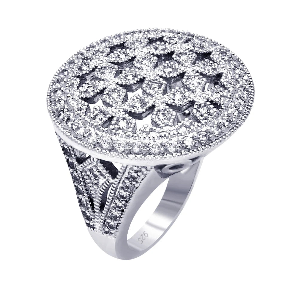 925 Silver Clearance-Rhodium Plated Clear Cluster CZ Cross Out Disc Ring
