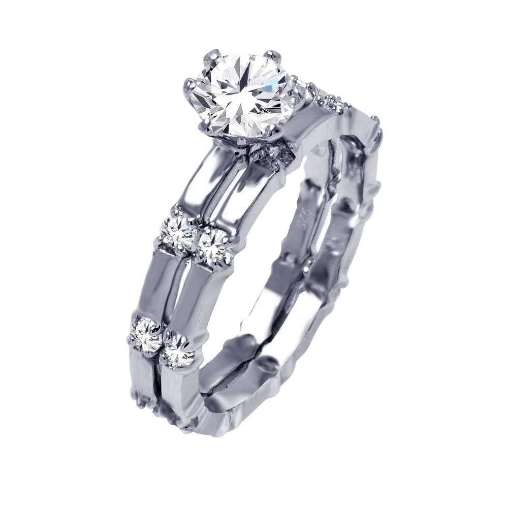 925 Silver Rhodium Plated Round Center Clear CZ Bridal Ring Set