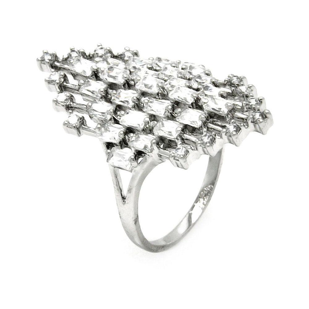 925 Silver Rhodium Plated Clear Baguette and Round CZ Diamond Shaped Ring