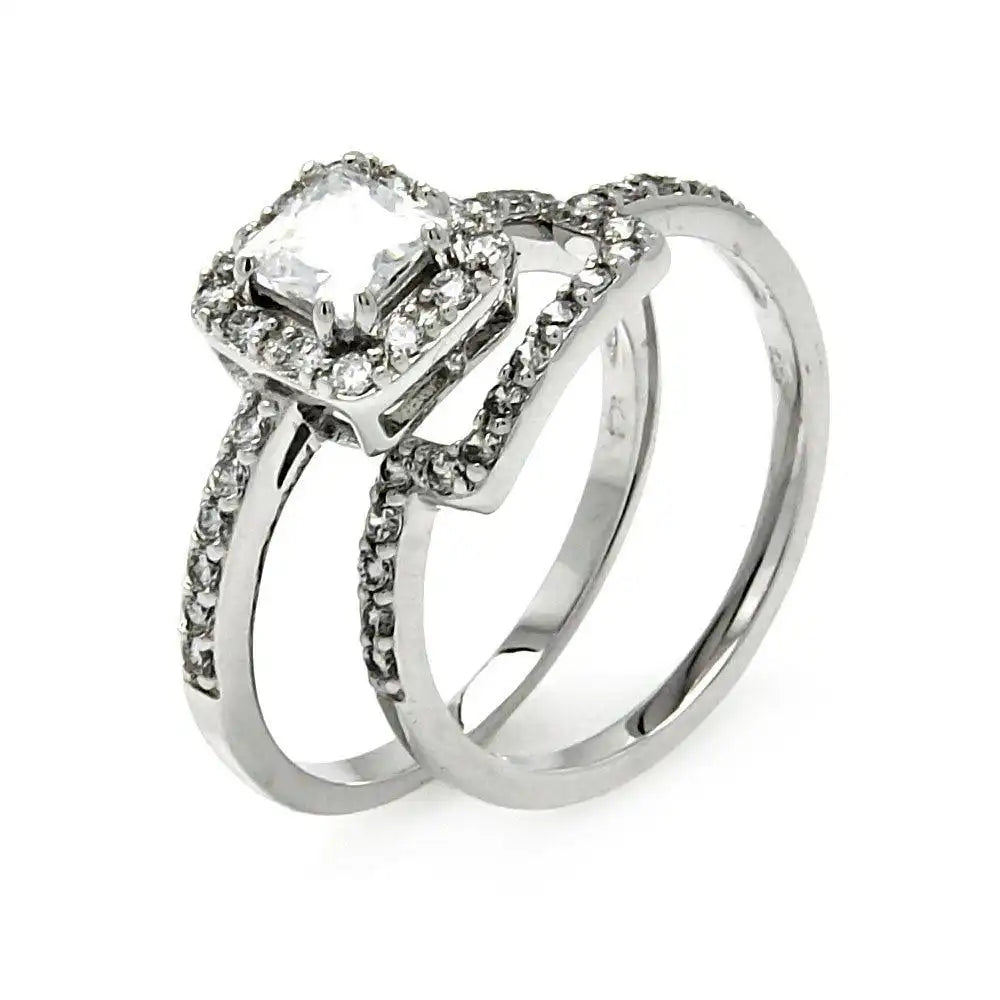 925 Sterling Silver Rhodium Plated Princess Cut Clear CZ Square Bridal Ring Set
