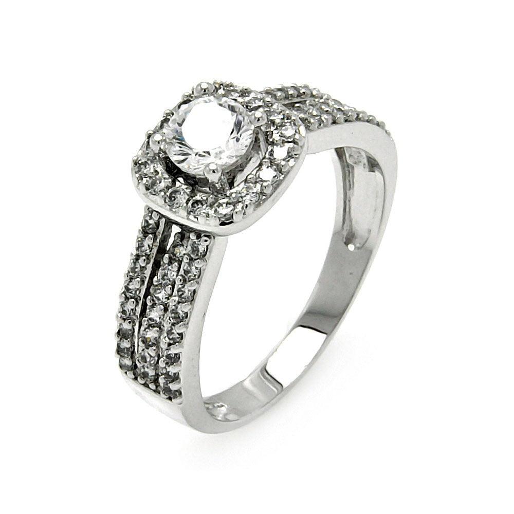 925 Silver Rhodium Plated Round Pave Set Center CZ Square Ring