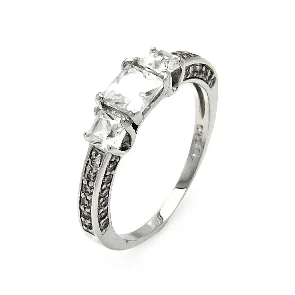 925 Sterling Silver Rhodium Plated Clear Square CZ Bridal Past Present Future Ring