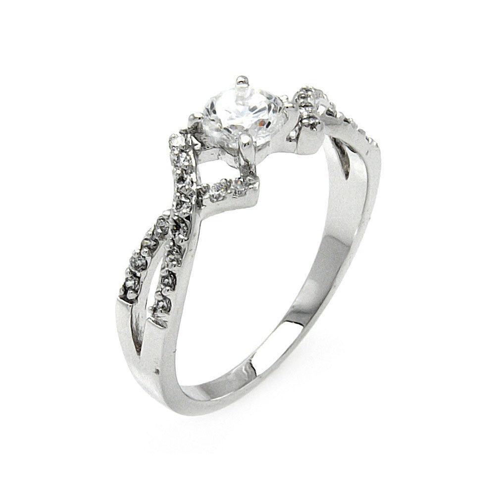 925 Silver Rhodium Plated Clear Round Center CZ Overlap Ring