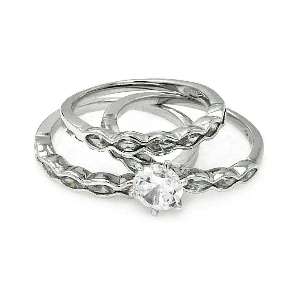 925 Silver Rhodium Plated Clear Round Center CZ Bridal Engagement Trio Ring Set