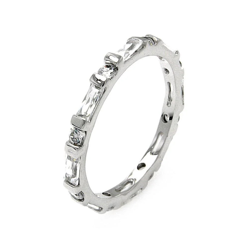 925 Silver Rhodium Plated Clear Round and Baguette CZ Stackable Eternity Ring