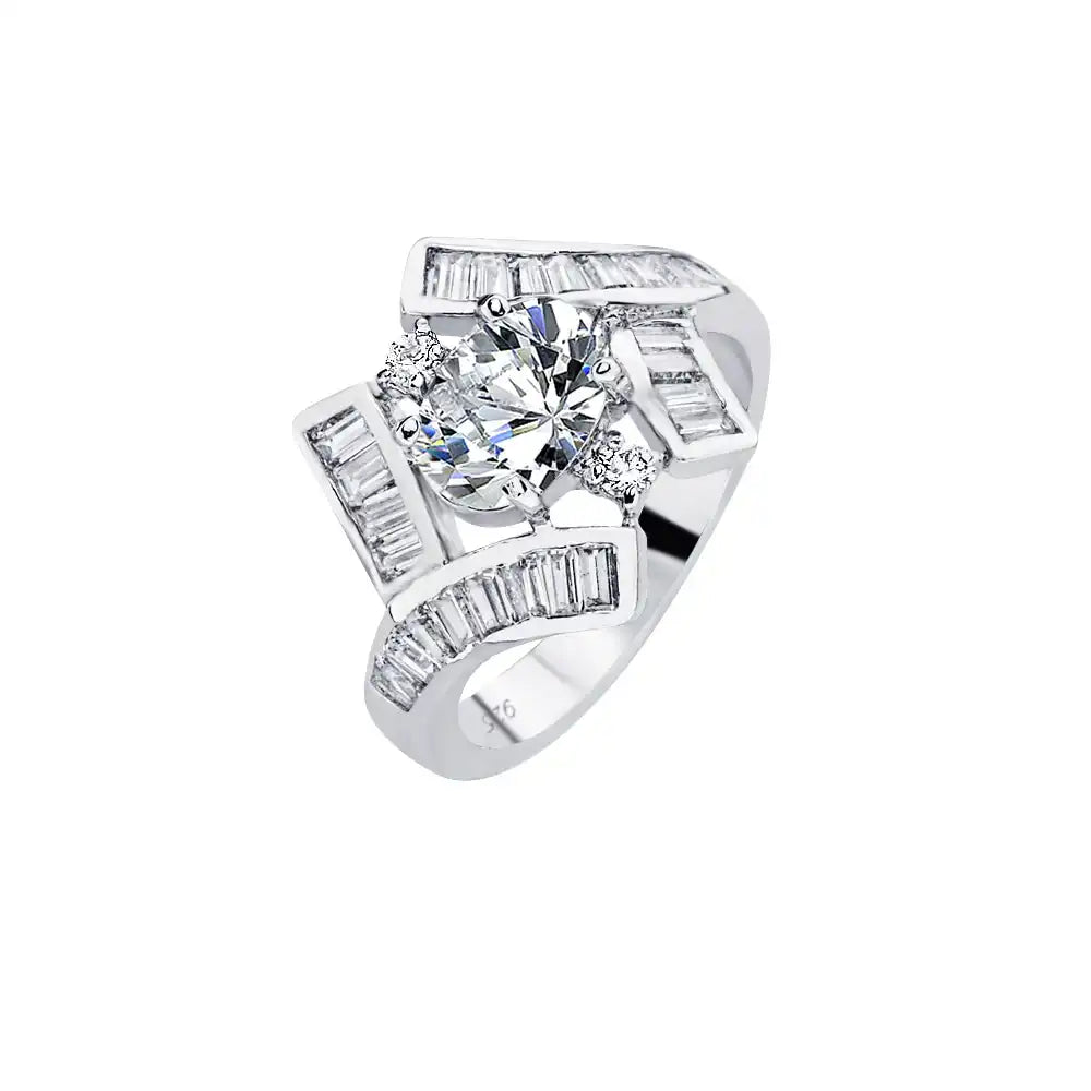 925 Sterling Silver Rhodium Plated Clear Baguette Round Center CZ Overlap Bridal Ring