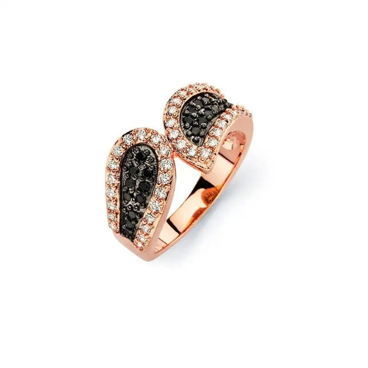 925 Sterling Silver Clearance Black Rhodium and Rose Gold Plated 2 Toned Black and Clear CZ Modern Ring