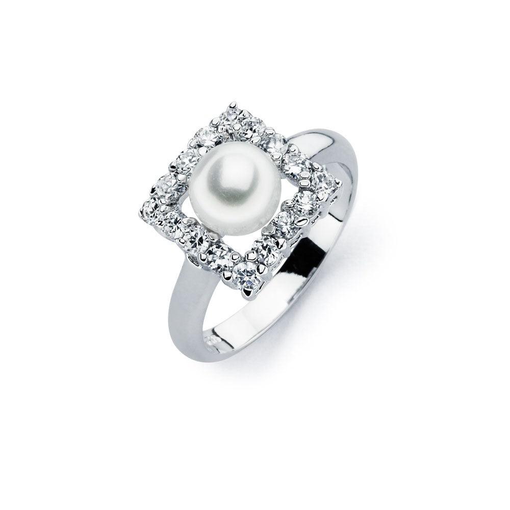925 Silver Rhodium Plated Fresh Water Pearl Center Clear Square CZ Ring