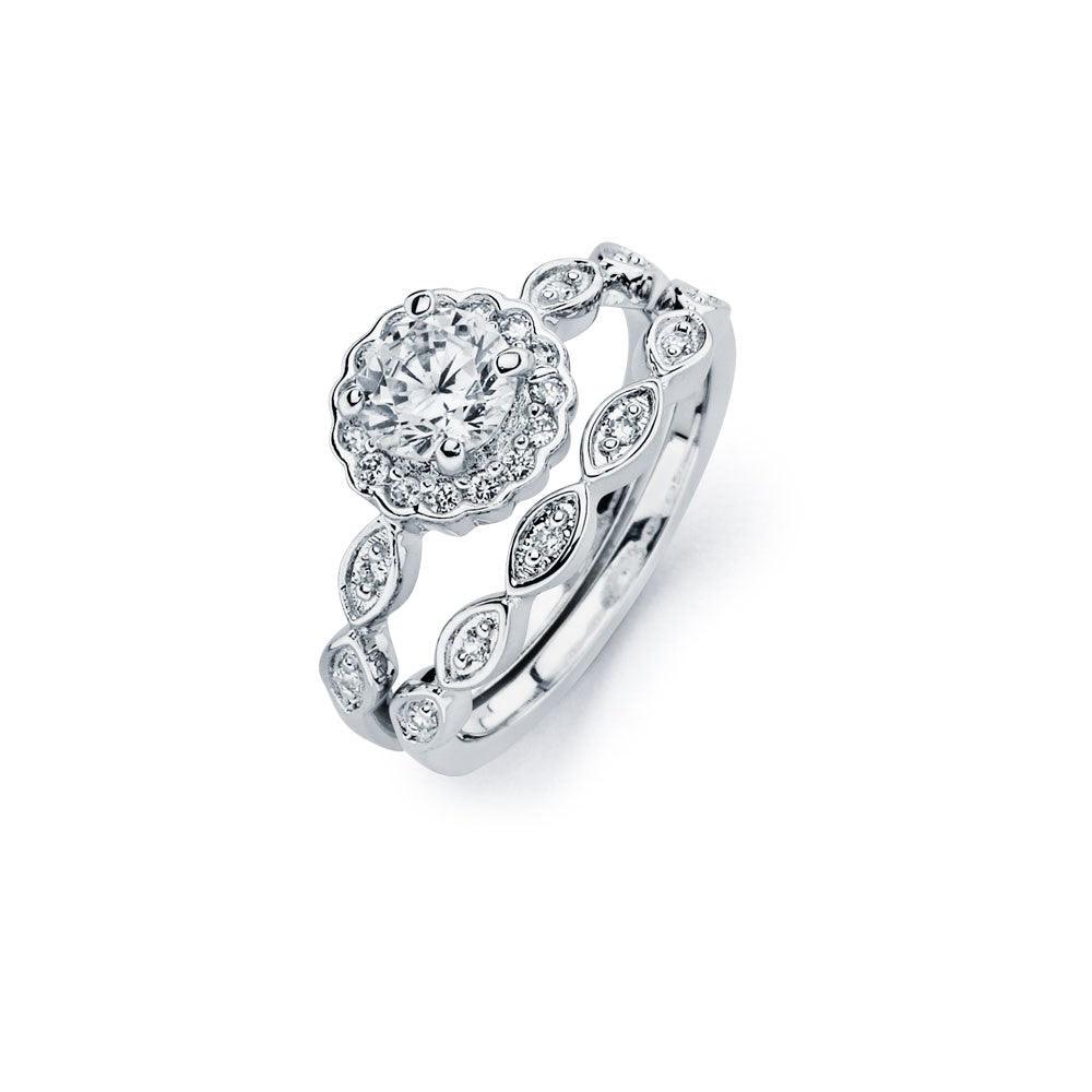 925 Silver Rhodium Plated Clear Round Cluster Marquise Shaped CZ Bridal Engagement Ring Set