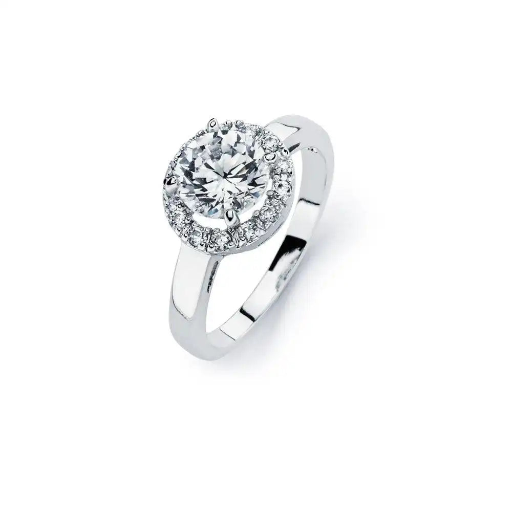 925 Sterling Silver Rhodium Plated Clear Round Center Cluster CZ Bridal Ring