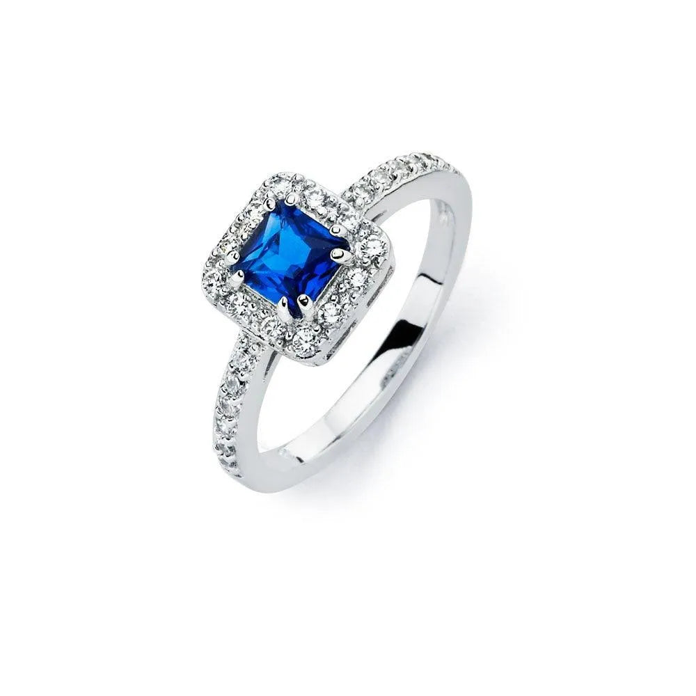 925 Sterling Silver Rhodium Plated Clear Micro Pave Set and Square Blue Center CZ Bridal Ring