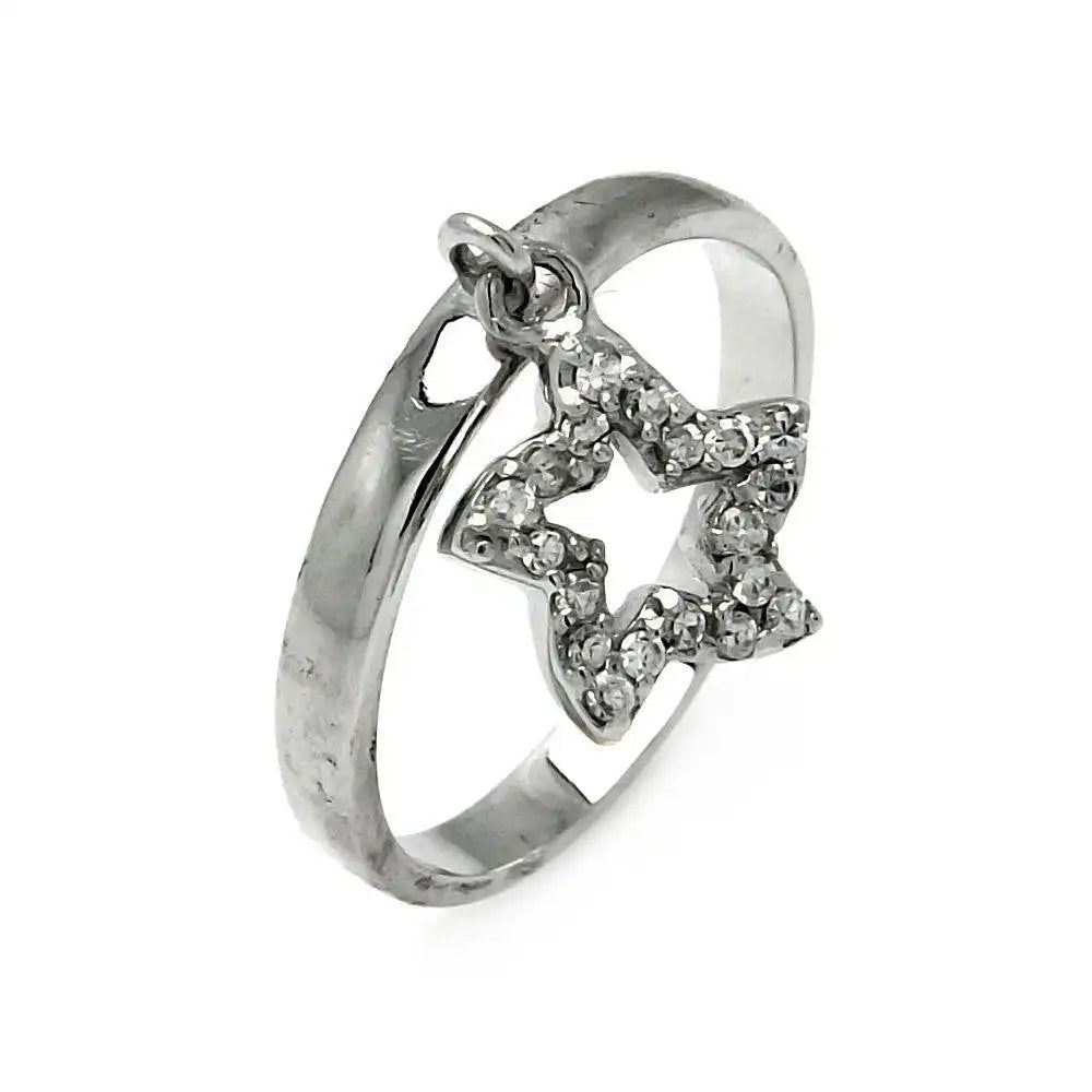 925 Sterling Silver Clearance Rhodium Plated Dangling CZ Star Ring