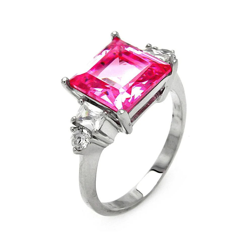 925 Silver Clearance-Rhodium Plated Pink Princess Cut CZ Ring