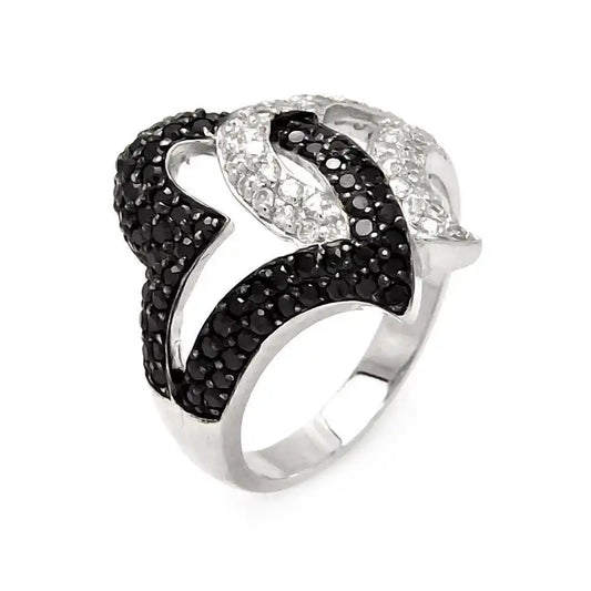 925 Sterling Silver Clearance Rhodium and Black Rhodium Plated Intertwined Black and Clear CZ Heart Ring