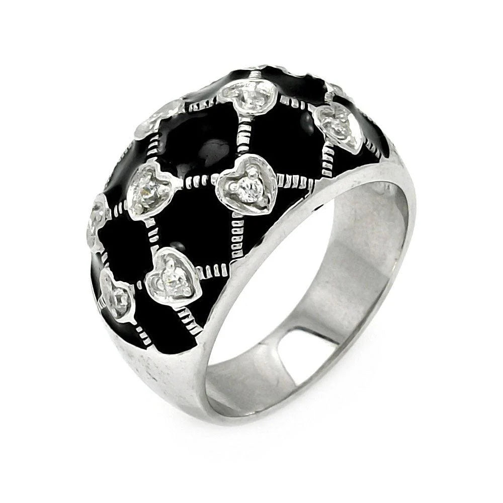 925 Silver Clearance-Rhodium Plated Black Enamel Criss Crossing CZ Heart Ring