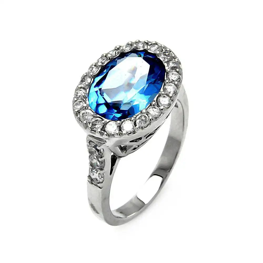 925 Sterling Silver Clearance Rhodium Plated Blue Oval Clear Cluster CZ Ring