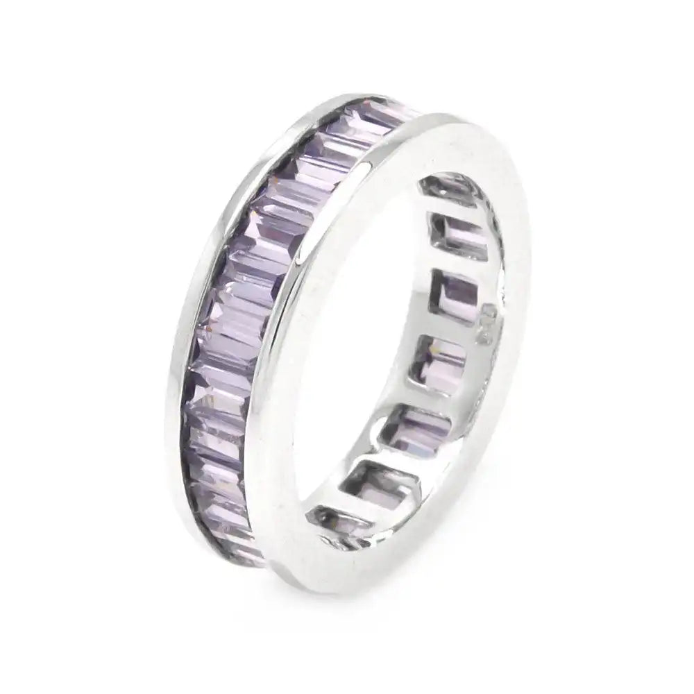 925 Sterling Silver Rhodium Plated Channel Set Purple Baguette CZ Eternity Ring