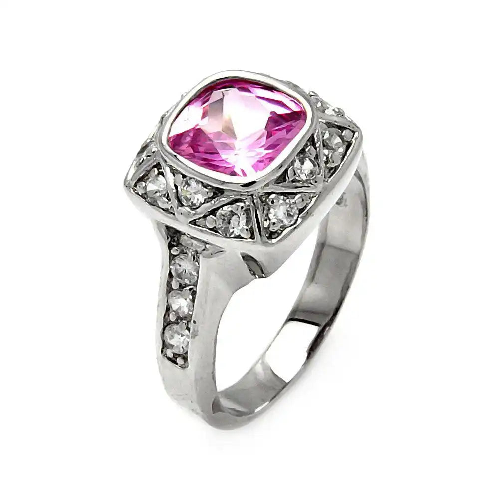 925 Sterling Silver Clearance Rhodium Plated Square Pink CZ Ring
