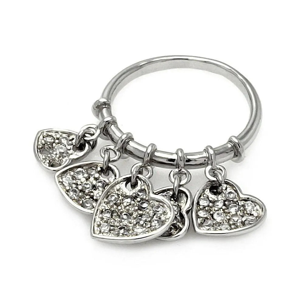 925 Sterling Silver Clearance Rhodium Plated Multi Dangling CZ Heart Ring