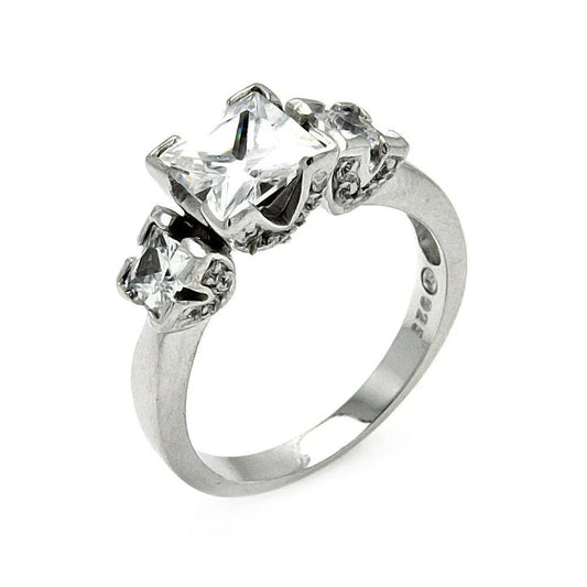 925 Sterling Silver Clearance Rhodium Plated Princess Cut CZ Past Present Future Ring