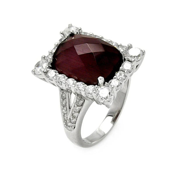925 Sterling Silver Rhodium Plated Clearance Dark Red Round Square Clear Cluster CZ Ring